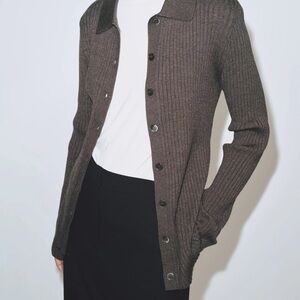 COLLARED RIBBED CARDIGAN - CHARCOAL
